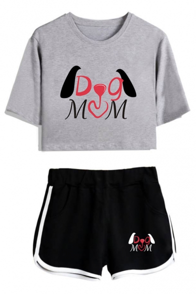 New Fashion Unique Letter DOG MOM Print Cropped Tee with Dolphin Shorts Sport Two-Piece Set