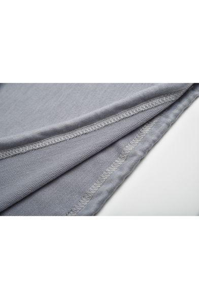 New Stylish Colorblock Round Neck Long Lantern Sleeve Drawstring Hem Grey Pullover Sweatshirt