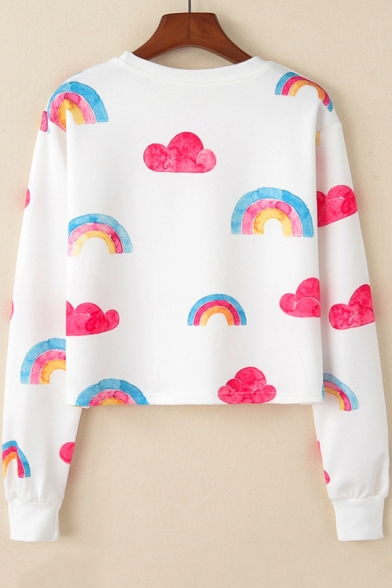 New Stylish Cute Cloud Rainbow Pattern Round Neck Long Sleeve Cropped White Sweatshirt