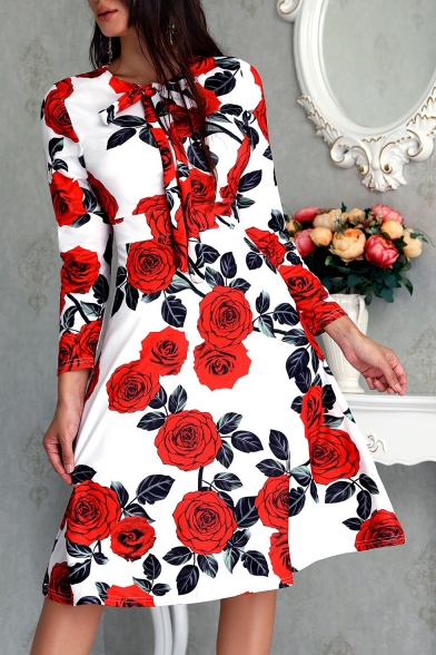 New Stylish Floral Print Round Neck Long Sleeve Bow-Tied Detail Midi A-Line White Dress