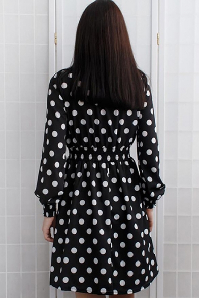 New Trendy Polka Dot Leopard Pattern Long Sleeve Stand Collar Mini A-Line Dress