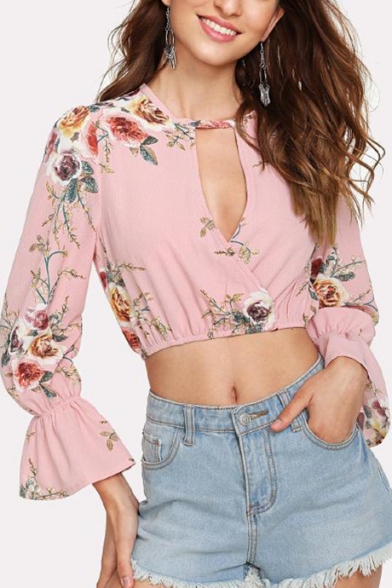 Pink Floral Pattern Cutout V-Neck Long Sleeve Cropped Blouse Top