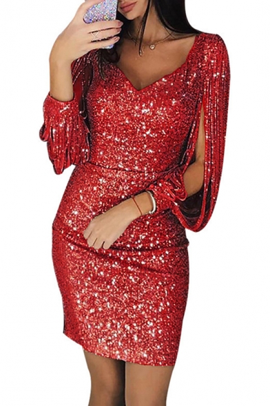 Sexy V-Neck Hollow Out Tassel Long Sleeve Womens Mini Sheath Sequined Club Dress