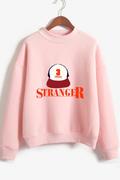 

Stranger Things Letter Hat Pattern Mock Neck Long Sleeve Casual Loose Sweatshirt, Black;dark navy;pink;white;gray, LM537513