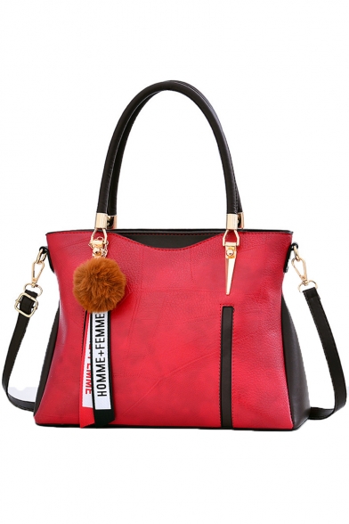 Stylish Colorblock Letter Ribbon Plush Ball Embellishment Laptop Tote Shoulder Handbag 33*13*25 CM