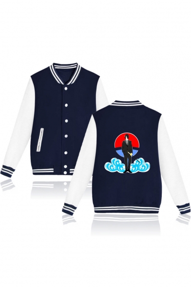 Stylish Comic Character Cloud Printed Rib Stand Collar Button Down Baseball Jacket