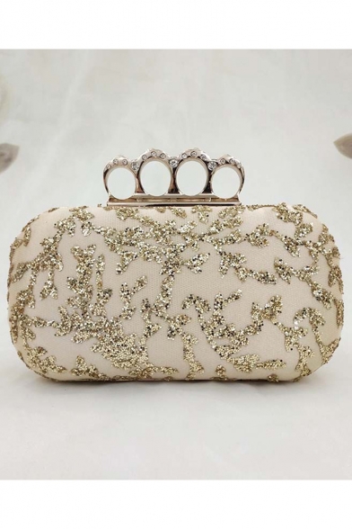 Stylish Glitter Lace Rhinestone Ring Embellishment Beige Evening Clutch Bag 20*4*12 CM