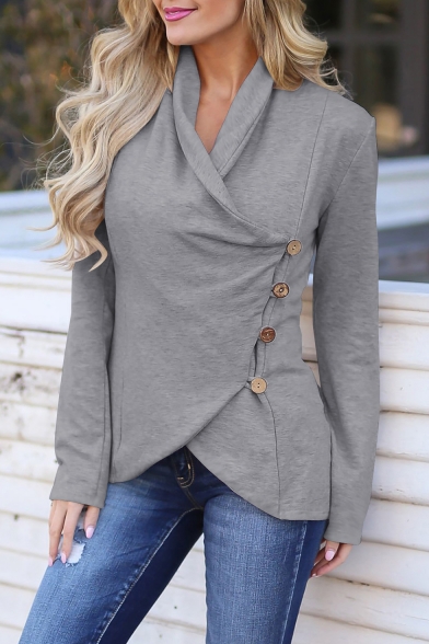 Stylish Irregular Button Embellished Long Sleeve Plain Casual Sweatshirt