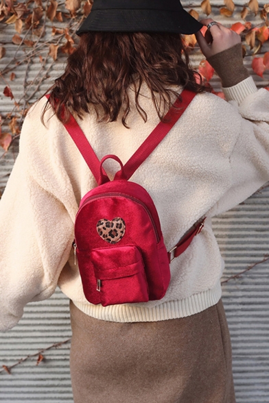 Stylish Leopard Heart Patched Velvet Backpack for Women 24*17*8 CM