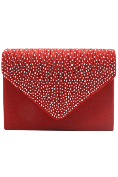 Stylish Plain Rhinestone Ruffle Embellishment Evening Envelope Clutch Bag 21*13*5 CM