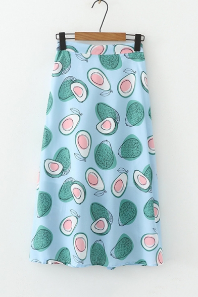 Summer Cute Avocado Pattern High Waist Girls Midi A-Line Skirt