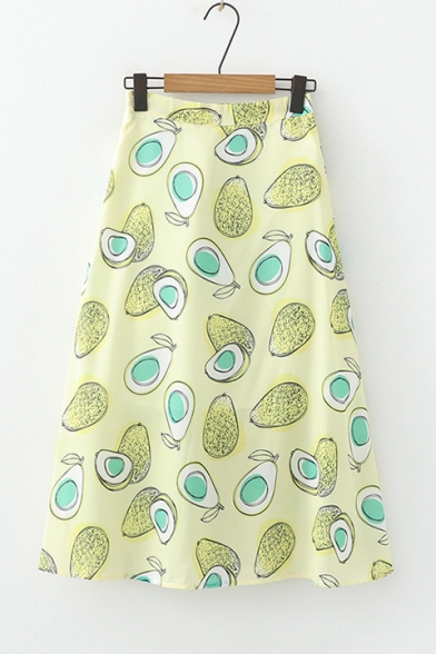 Summer Cute Avocado Pattern High Waist Girls Midi A-Line Skirt