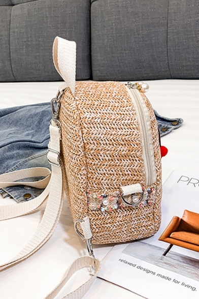 Summer Fashion Plain Lace Pearl Embellishment Straw Bag Backpack 18*22*11 CM