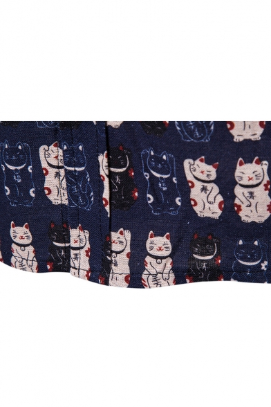 Summer Mens Funny Cute Allover Cat Printed Short Sleeve Slim Fitted Button Up Shirt