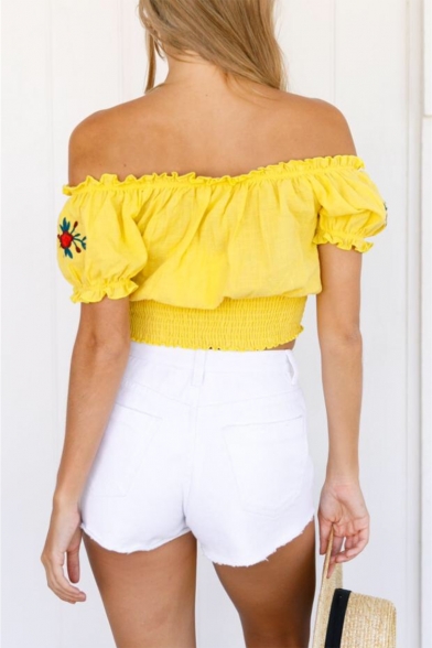 Summer Retro Floral Embroidery Tied Off the Shoulder Short Sleeve Cropped Blouse Top