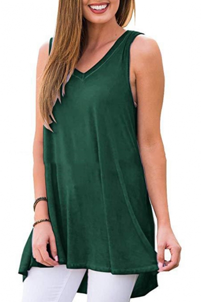Summer Women's Simple Plain V-Neck Sleeveless Casual Loose High Low Tank Top