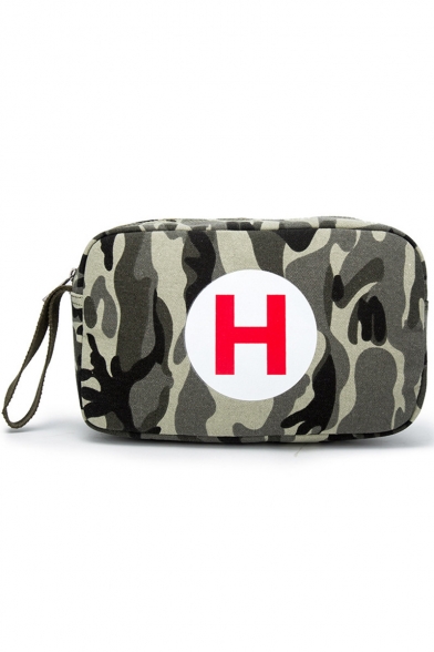 Trendy Camouflage Letter H Printed Army Green Canvas Cell Phone Purse 26*10*15 CM