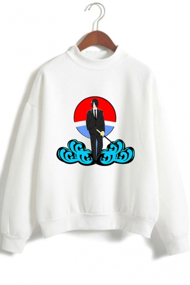 Trendy Comic Anime Comic Anime Character Cloud Printed Long Sleeve Mock Neck Pullover Sweatshirt