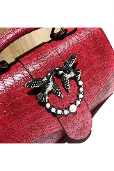Trendy Crocodile Pattern Metal Bird Ring Bead Embellishment Crossbody Satchel Bag 20*9*15 CM
