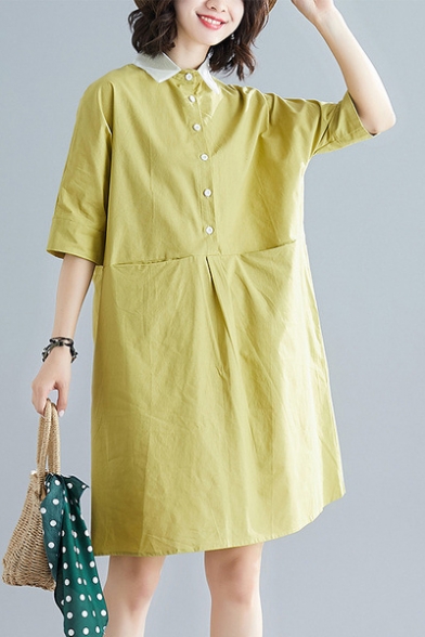 Trendy Simple Plain Button Front Lapel Collar Half Sleeve Mini Shift Linen Shirt Dress with Pocket