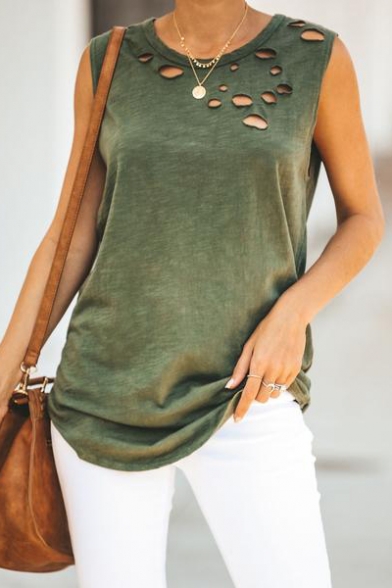 Trendy Simple Plain Cutout Detail Round Neck Sleeveless Loose Casual Tank Top
