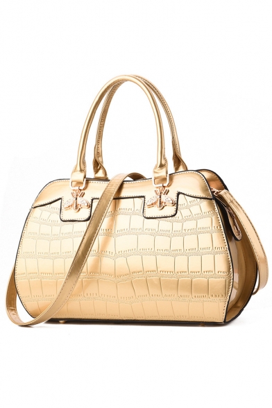 Trendy Solid Color Metal Bee Embellishment Zipper Satchel Bag Handbag
