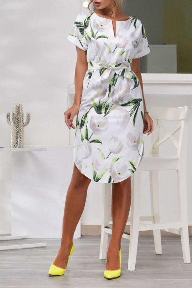 Women's Fashion Floral Print Round Neck Short Sleeve Bow-Tied Waist Midi Dress