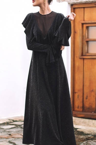 Women's Fashion Sexy Round Neck Long Sleeve Plain Ruffle Hem Mesh Patch Midi Black A-Line Dress