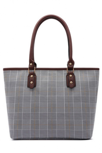 Women's Fashion Stripe Patched Plaid Pattern Shoulder Tote Handbag 29*11*26 CM