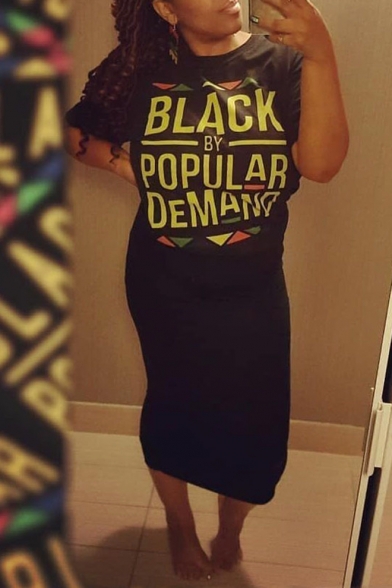 Women's Funny Letter BLACK BY POPULAR DEMAND Print Round Neck Short Sleeve Midi T-Shirt Black Dress