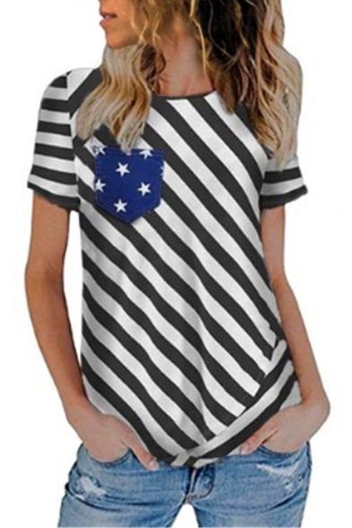 Women's Hot Fashion Round Neck Short Sleeve Stripes Print Stars Pocket Patch T-Shirt