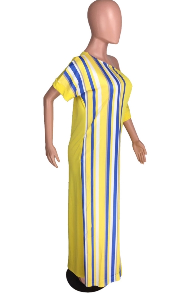 Women's Unique One Shoulder Short Sleeve Stripes Printed Loose Maxi Shift Yellow Dress