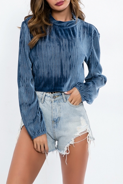 Womens Chic Simple Plain Cowl Neck Long Sleeve Blue Fitted Velvet T-Shirt