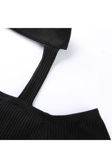 Womens Cool Street Fashion Hollow Out Halterneck Short Sleeve Slim Fit Black T-Shirt