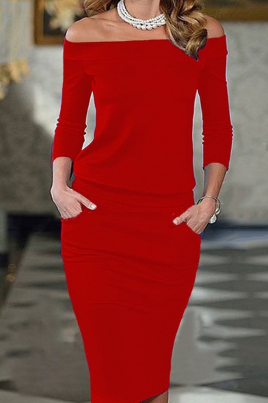 Womens Elegant Solid Color Off the Shoulder Long Sleeve Midi Pencil Dress