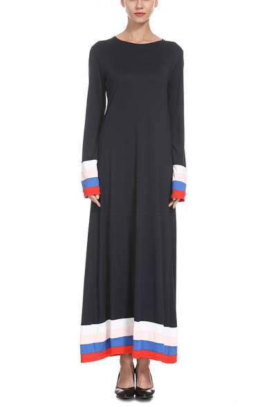 Womens New Fashion Dark Blue Colorblock Hem Round Neck Long Sleeve Maxi Swing Dress