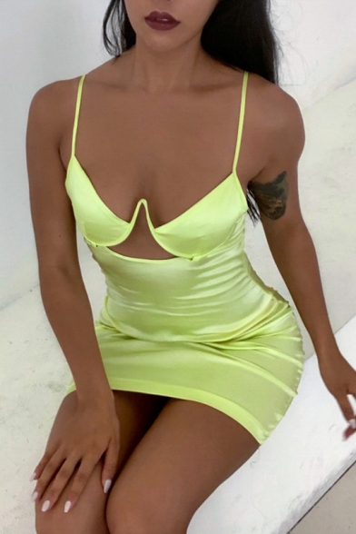 Womens Summer Sexy Cutout Front Sleeveless Light Yellow Mini Bodycon Cami Slip Dress