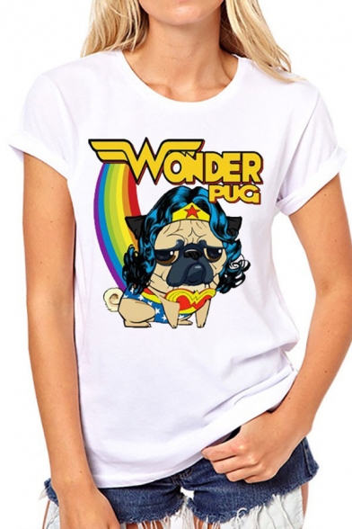 WONDER PUG Letter Cartoon Bulldog Rainbow Printed White Round Neck Short Sleeve Tee