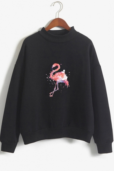 Basic Simple Flamingo Pattern Mock Neck Long Sleeve Casual Sweatshirt