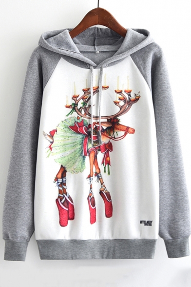 Cartoon Christmas Elk Printed Colorblock Raglan Long Sleeve Drawstring Hoodie