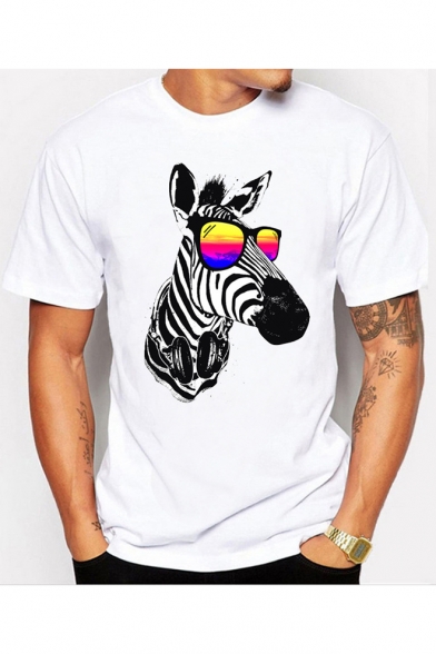 Cartoon Sunglasses Zebra Printed White Round Neck Short Sleeve Tee