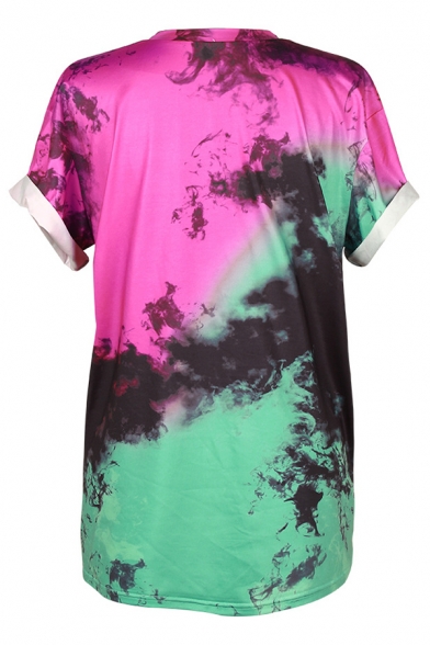 Color Block Tie Dye STAY WEIRD Letter Lip Printed Round Neck Short Sleeve Graphic Tee
