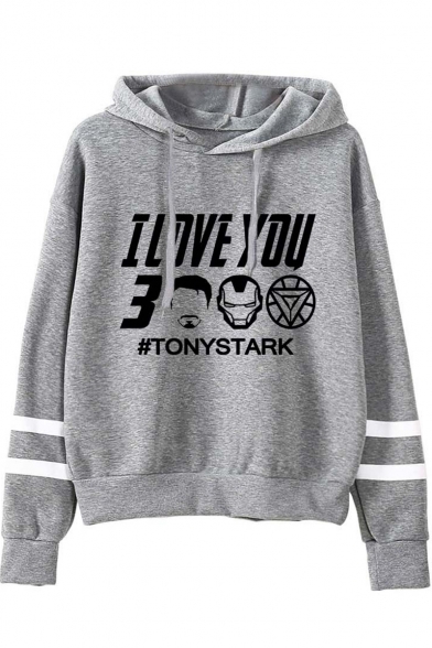 Cool Figure Letter I LOVE YOU 3000 Striped Long Sleeve Casual Loose Hoodie