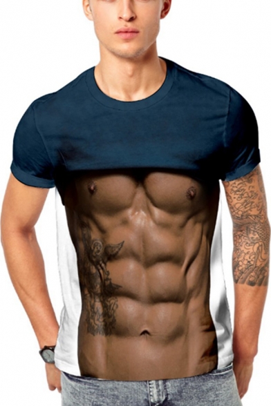 Cool Funny 3D Fake Muscle Printed Basic Round Neck Short Sleeve Slim Tee