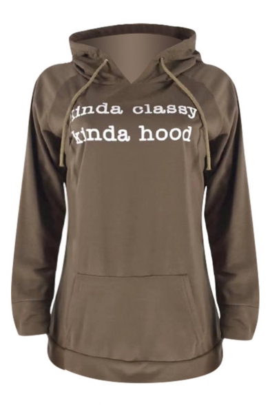 Cool Letter KINDA CLASSY KINDA HOOD Print Dark Coffee Sport Loose Pullover Hoodie