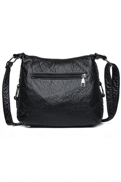 Cool Solid Color Flat Pocket Front Buckle Embellishment Black Hobo Shoulder Bag 25*10*20 CM