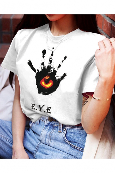 Cool Street Fashion Letter EYE Hand Palm Print White Casual Graphic Tee
