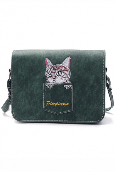 Cute Cartoon Cat Embroidery Long Strap Square Crossbody Bag 19*7*15 CM