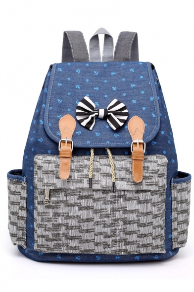 Fashion Colorblock Printed Bow Embellishment Denim School Bag Backpack for Girls 34*15*40 CM