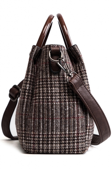 Fashion Plaid Pattern Wooden Handle Hairy Satchel Tote Handbag 20*10*17 CM